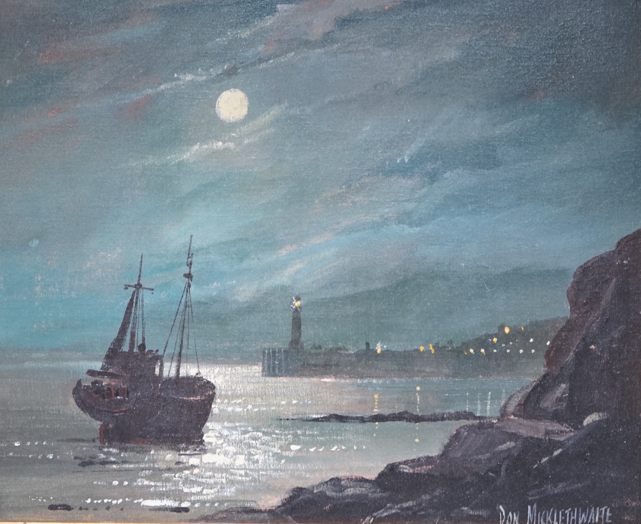 Don Micklethwaite (b. 1936), oil on canvas board, Moonlit coastal landscape with lighthouse, signed, 23 x 28cm